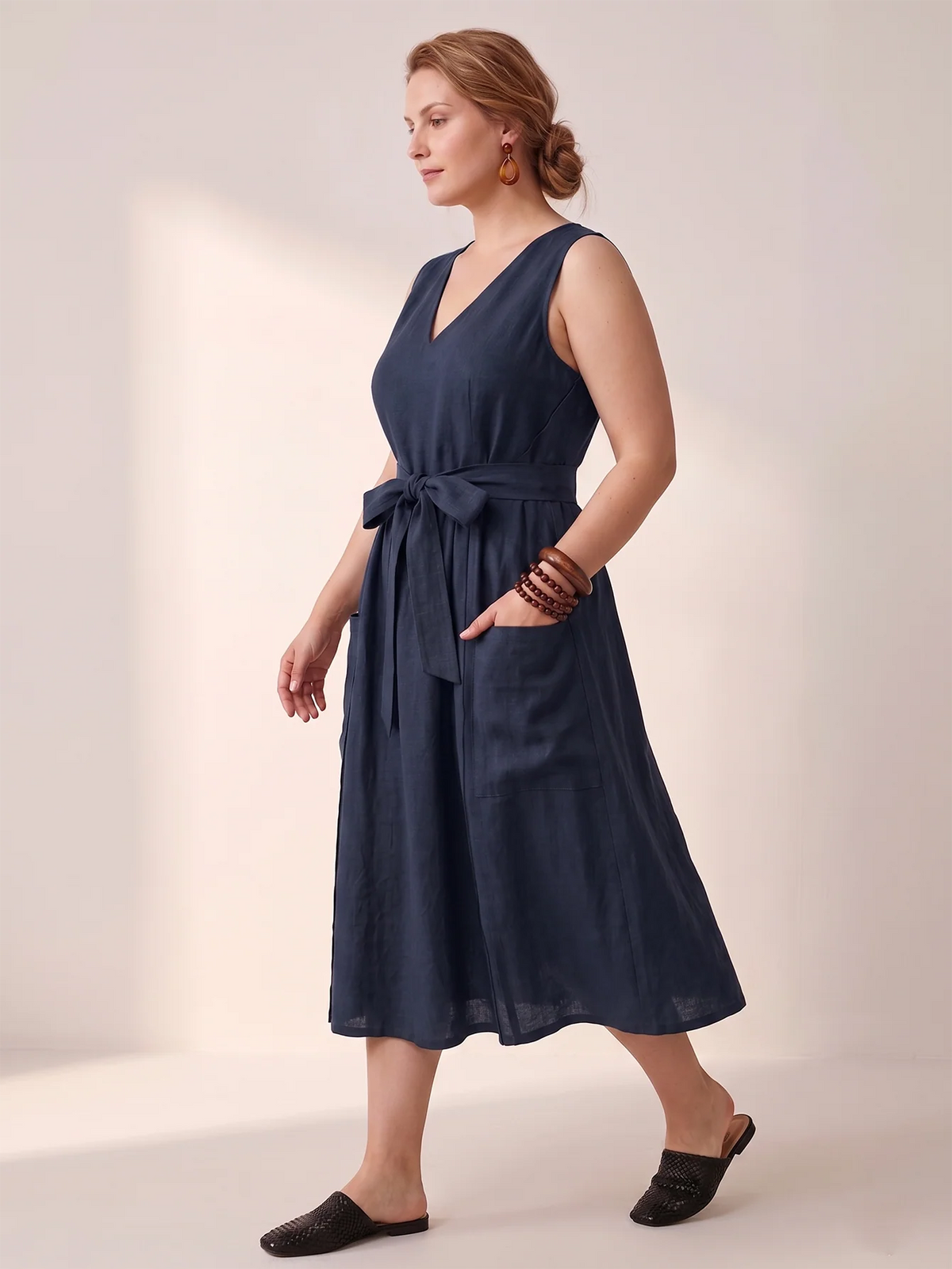 Larui Plus-Size Women's Reversible Open-Front Tie-Up Apron-Style Linen Dress
