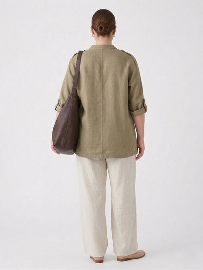 Larui Plus Size Women's Elegant Linen Pocket Shirt