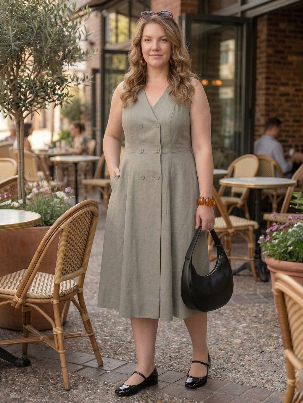 Larui Plus Size Women's Elegant Double-Breasted Linen Dress