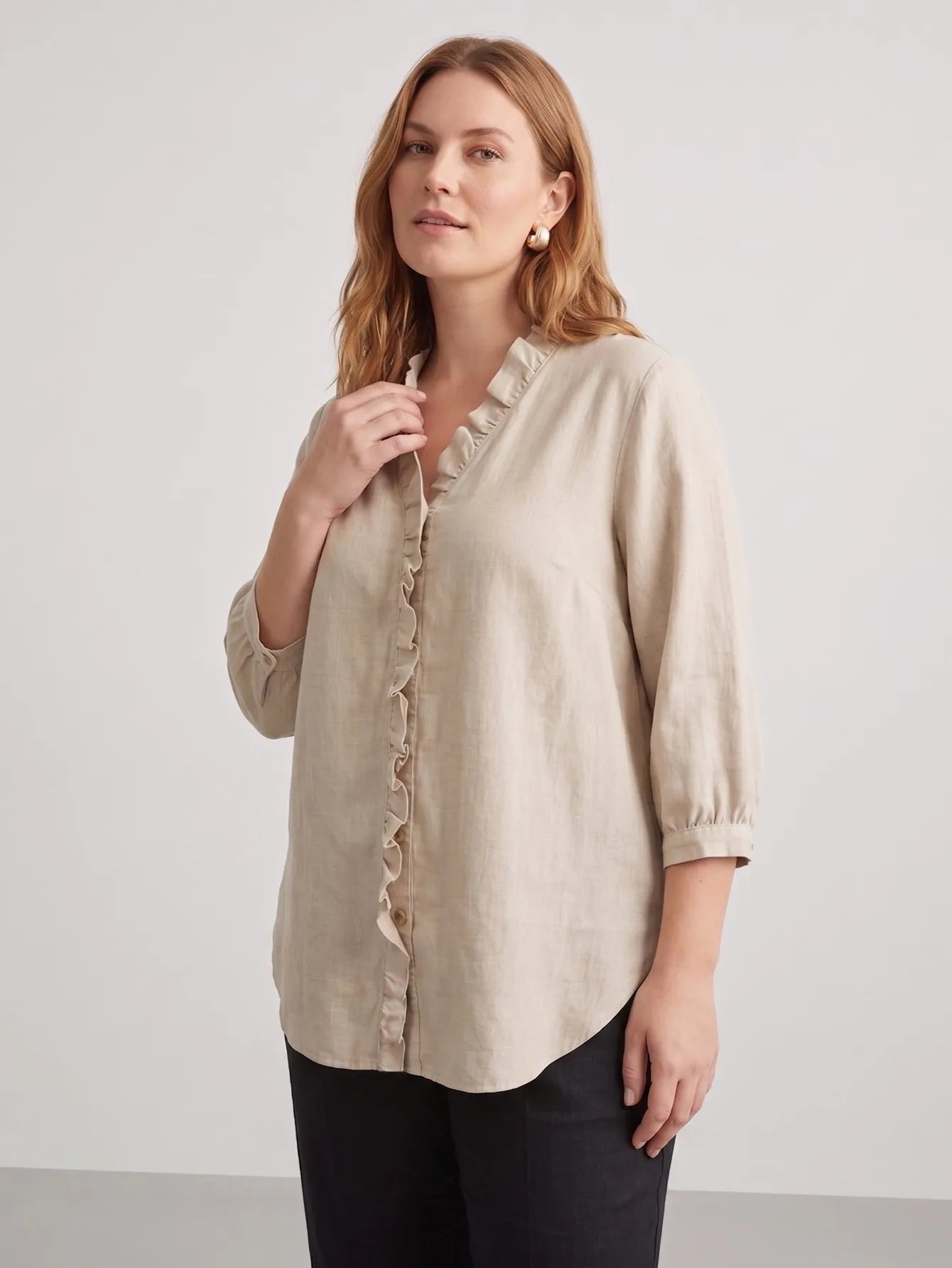 Larui Plus Size Women's Linen Ruffles 3/4 Sleeves Blouse