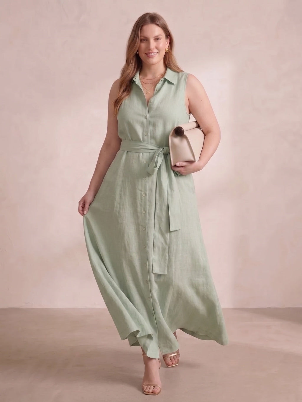 Larui Plus Size Women's Sleeveless Collared Linen Dress with Belt