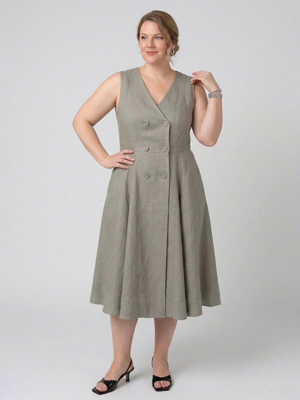 Larui Plus Size Women's Elegant Double-Breasted Linen Dress