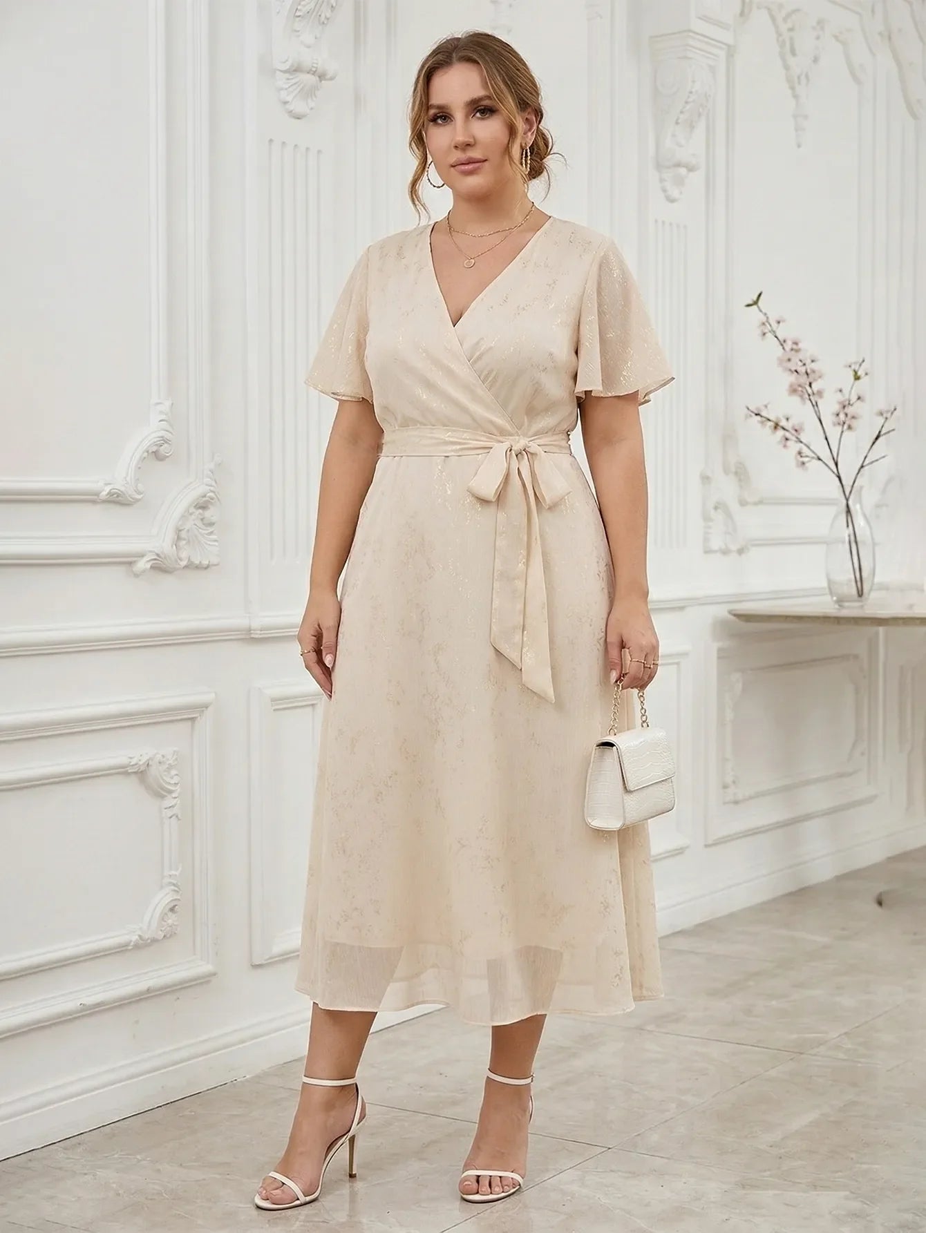 Larui Plus Size Elegant Gold-Stamped Chiffon Guest Dress