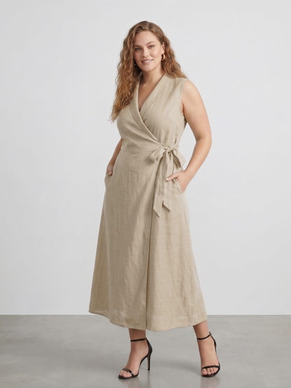 Larui Plus Size Women‘s Linen  V-Neck Sleeveless Dress