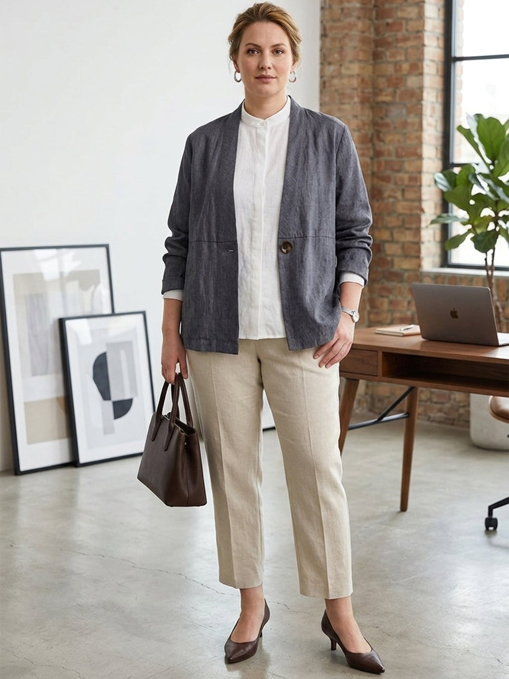 Larui Plus Size Women's Linen Casual Linen Jacket