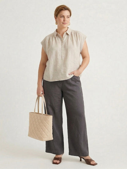 Larui Plus Size Women's Pleated Linen Shirt