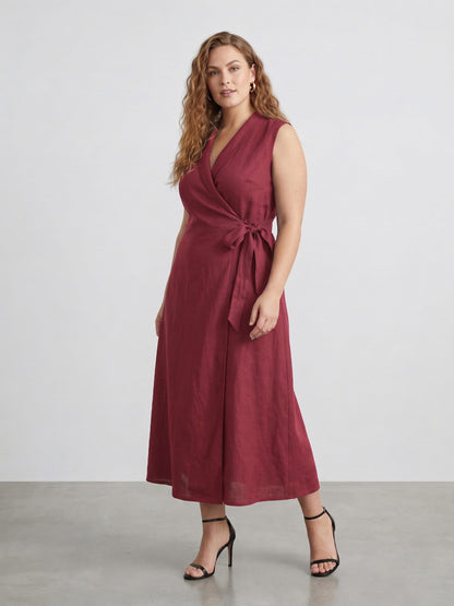 Larui Plus Size Women‘s Linen  V-Neck Sleeveless Dress