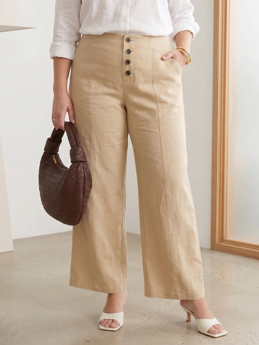 Larui Plus Size Women's Button-Down Wide-Leg Linen  Pants