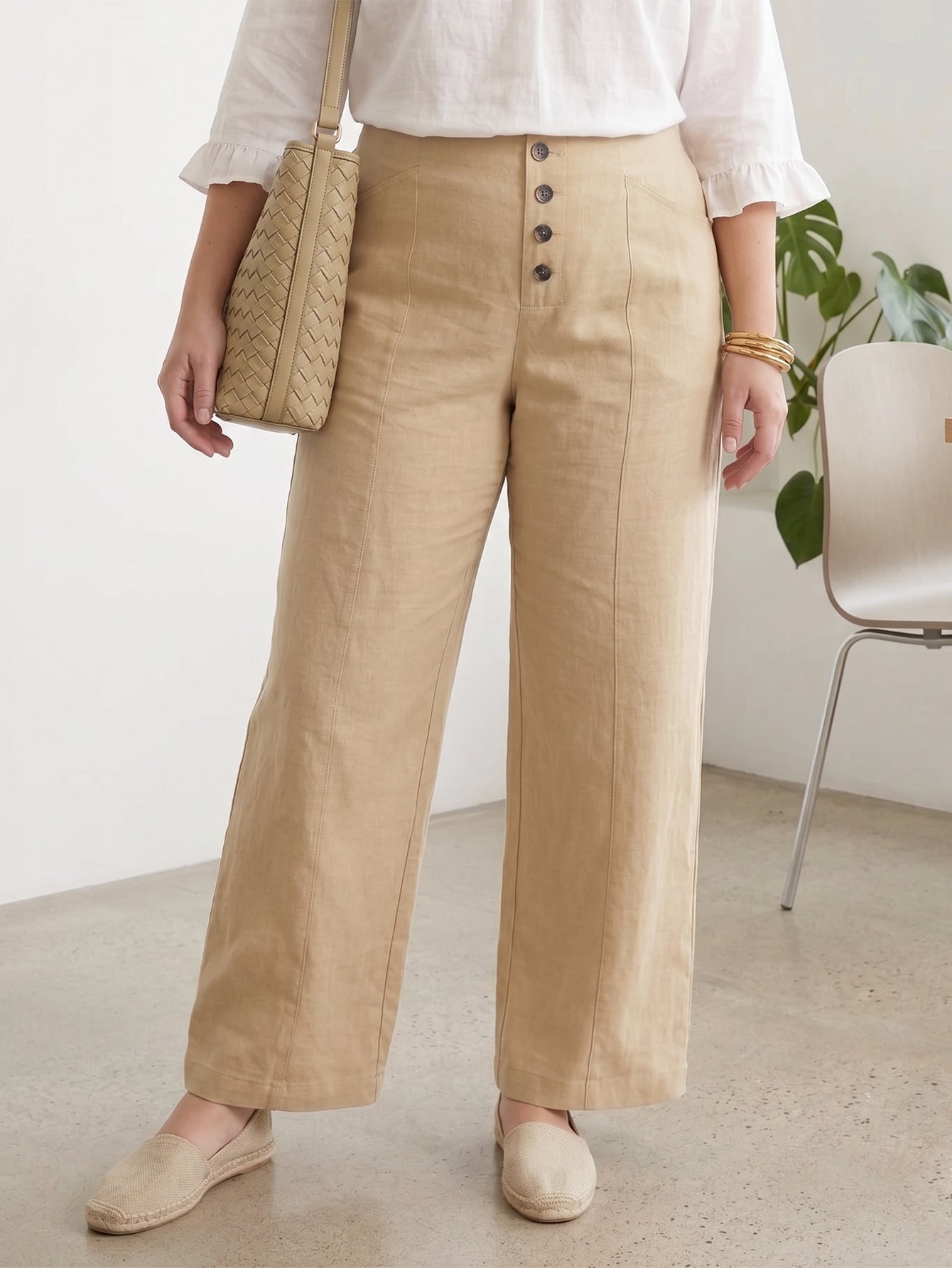 Larui Plus Size Women's Button-Down Wide-Leg Linen Pants