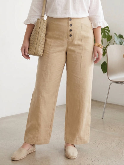 Larui Plus Size Women's Button-Down Wide-Leg Linen Pants