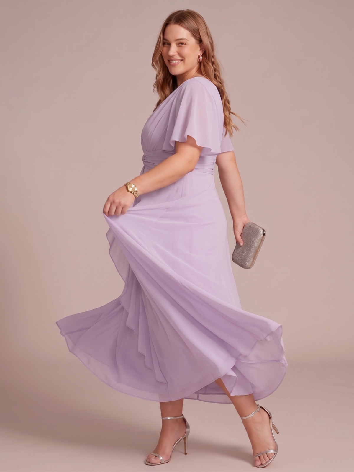 Larui Women's Plus-Size Chiffon Dress with V-Neck and Ruffled Hem