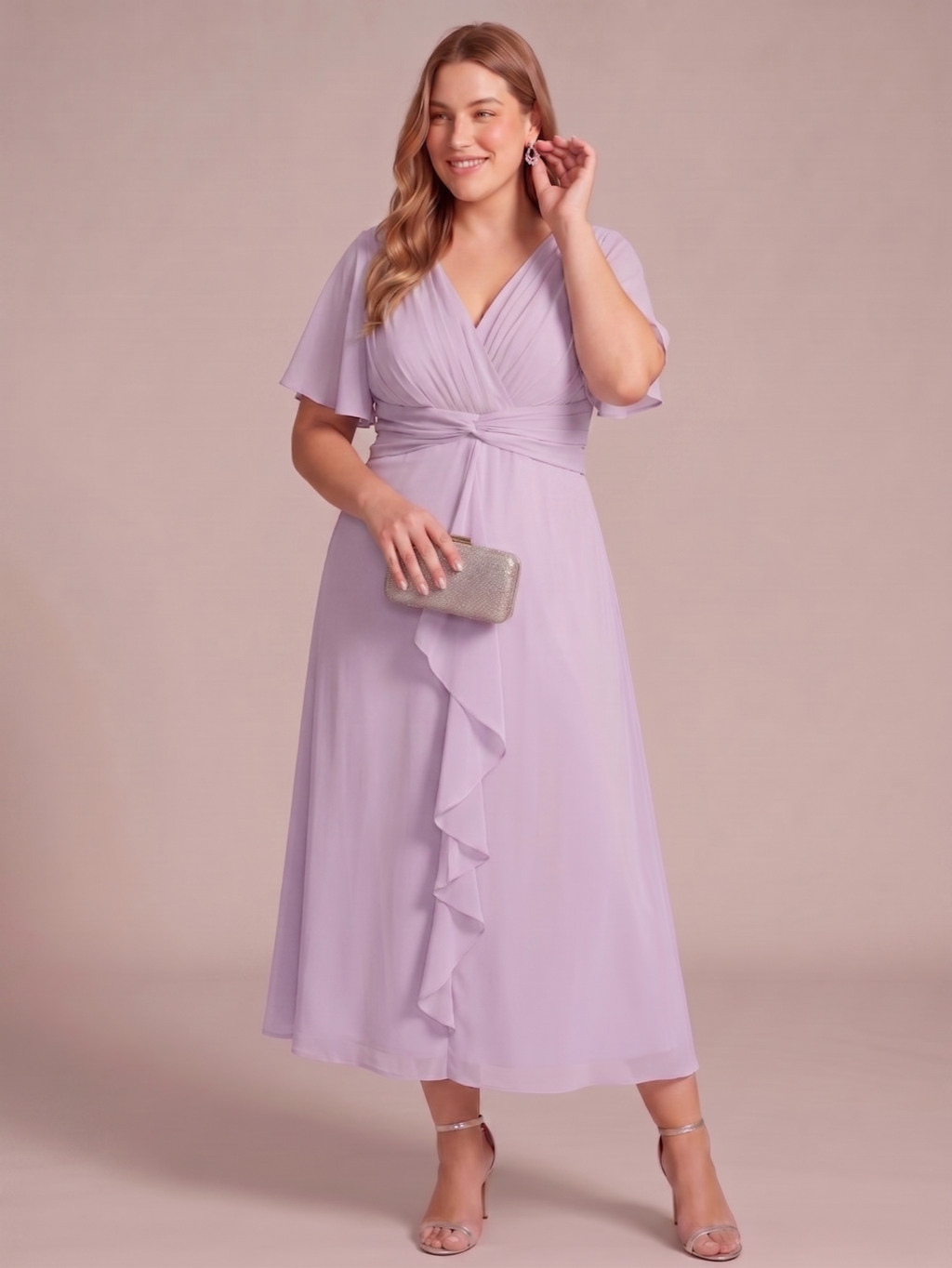Larui Women's Plus-Size Chiffon Dress with V-Neck and Ruffled Hem