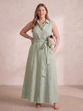 Larui Plus Size Women's Sleeveless Collared Linen Dress with Belt