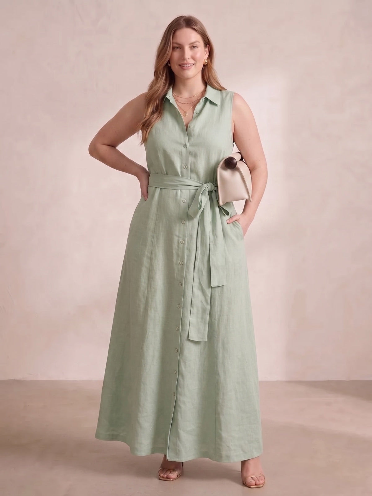 Larui Plus Size Women's Sleeveless Collared Linen Dress with Belt