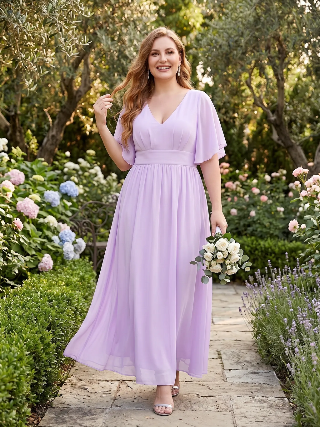Larui Plus Size Women‘s V-Neck Chiffon Ruffles Sleeves Dress
