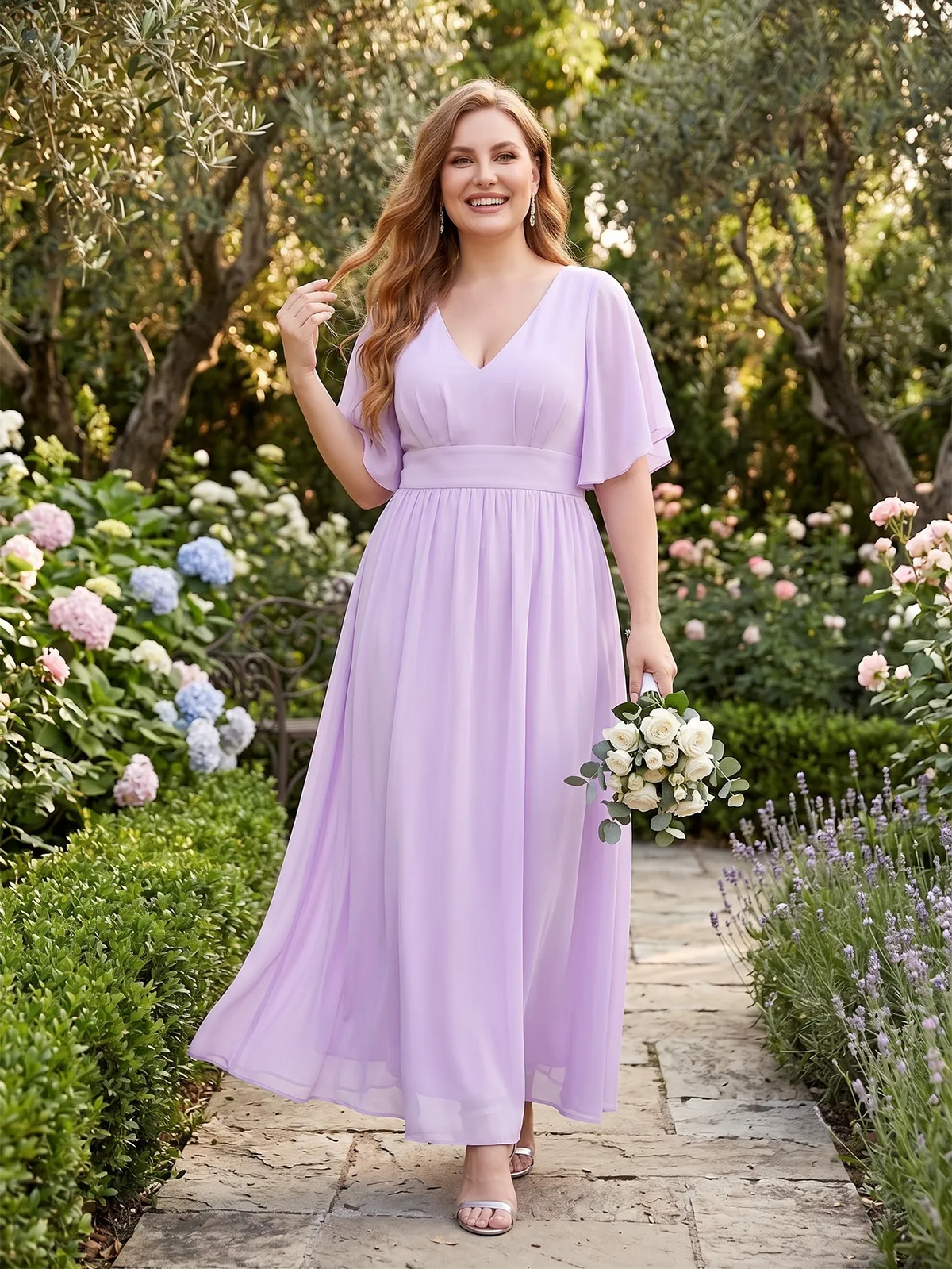 Larui Plus Size Women‘s V-Neck Chiffon Ruffles Sleeves Dress