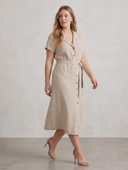 Larui Plus Size Women's Linen Dress With Belted