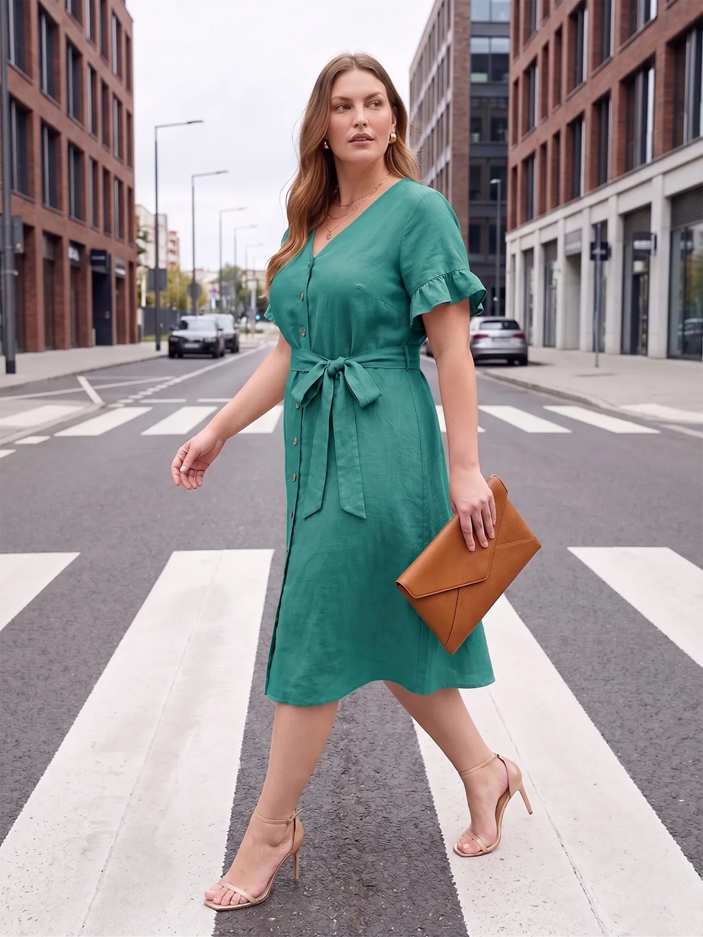Larui Plus Size Women's Linen Short Sleeves Dress With Belted