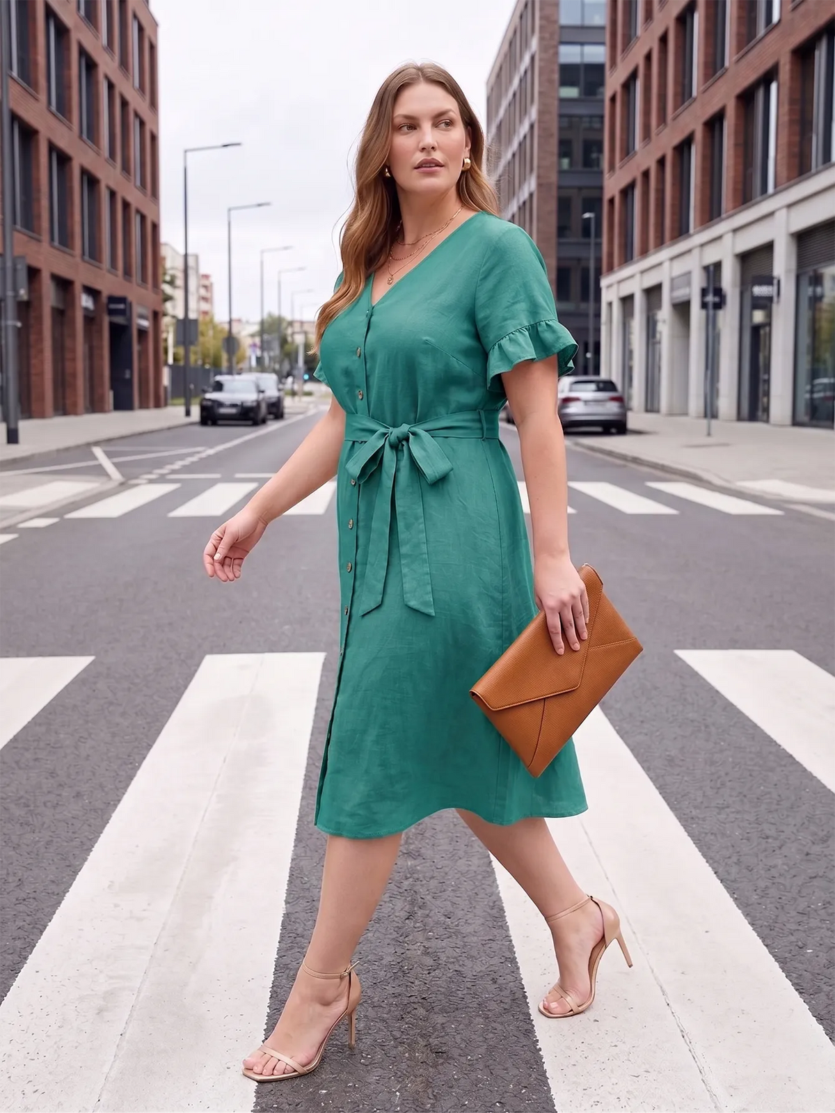 Larui Plus Size Women's Linen Short Sleeves Dress With Belted