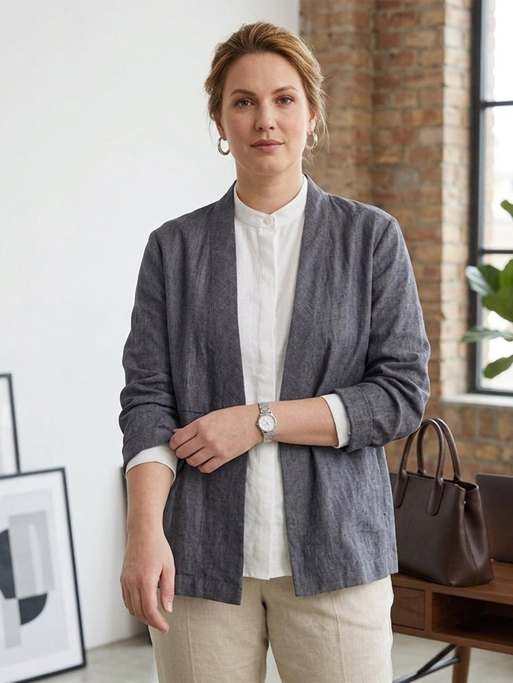Larui Plus Size Women's Linen Casual Linen Jacket
