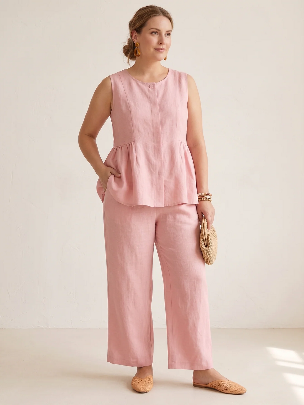 Larui Plus Size Women's Vacation Linen Top and Pants Set