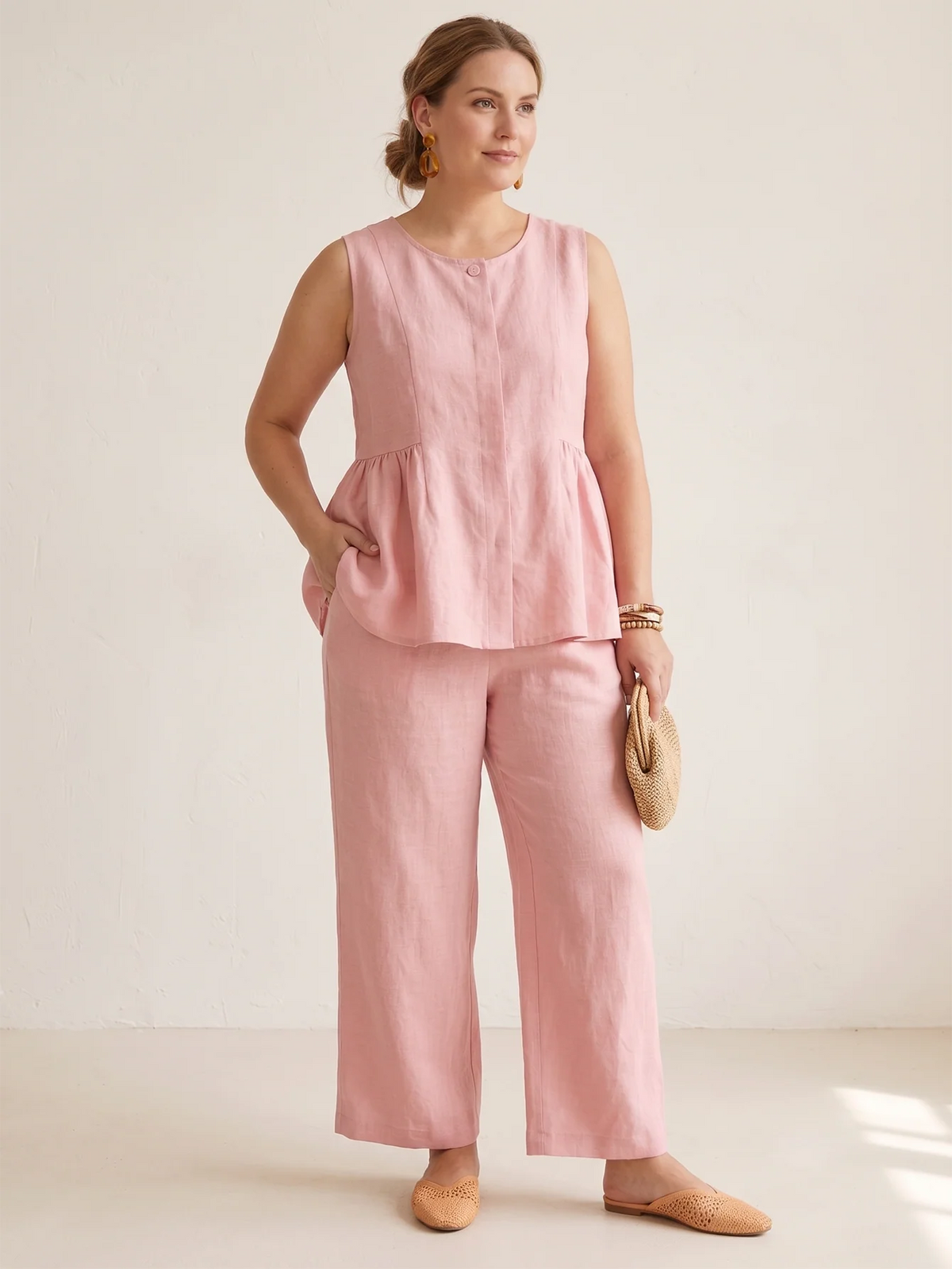 Larui Plus Size Women's Vacation Linen Top and Pants Set