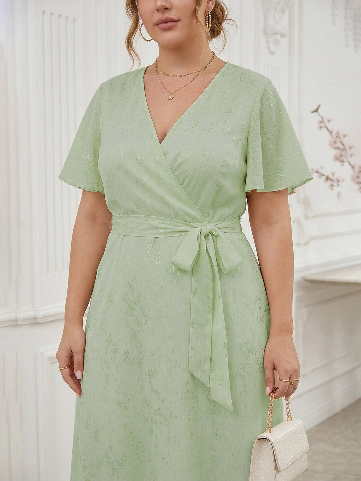 Larui Plus Size Elegant Gold-Stamped Chiffon Guest Dress