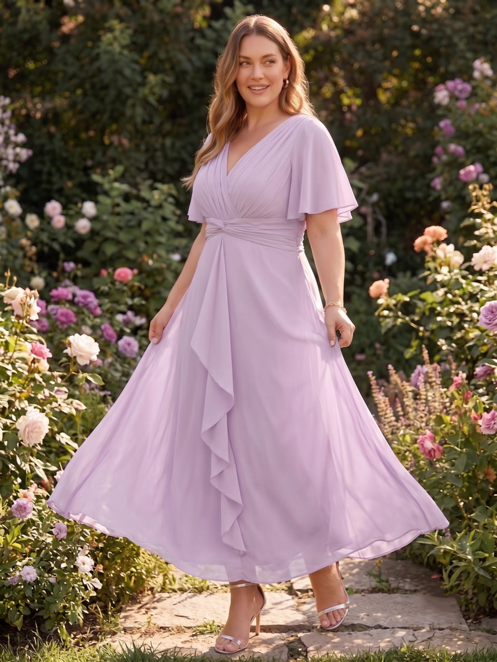 Larui Women's Plus-Size Chiffon Dress with V-Neck and Ruffled Hem