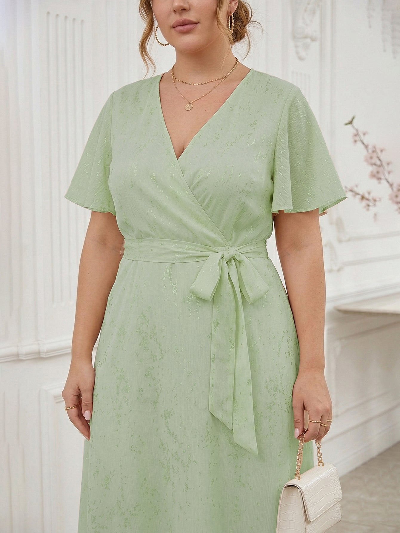 Larui Plus Size Elegant Gold-Stamped Chiffon Guest Dress