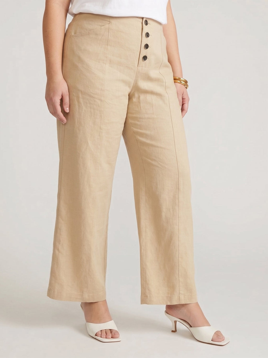 Larui Plus Size Women's Button-Down Wide-Leg Linen  Pants