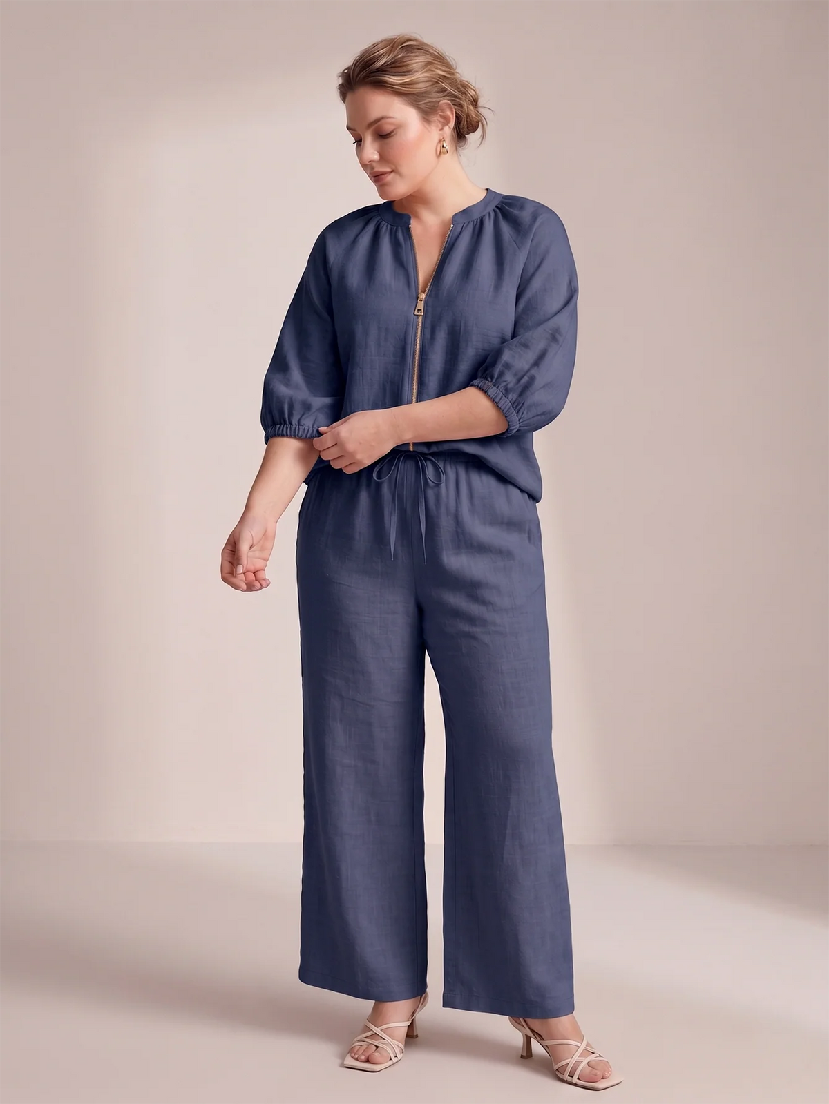 Larui Plus Size Women's Three-Quarter Sleeve Top and Pants Two-Piece Linen Set