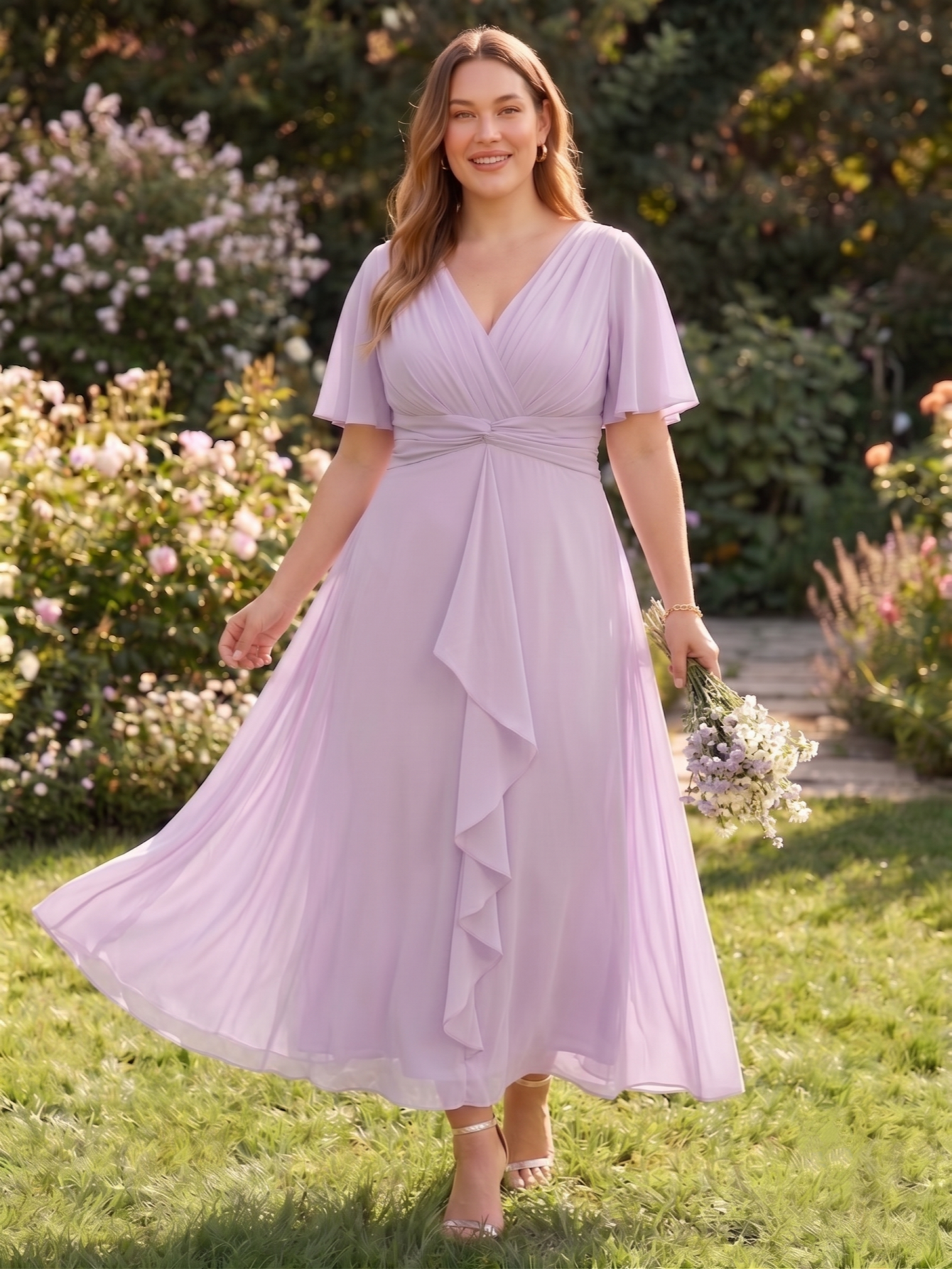 Larui Women's Plus-Size Chiffon Dress with V-Neck and Ruffled Hem