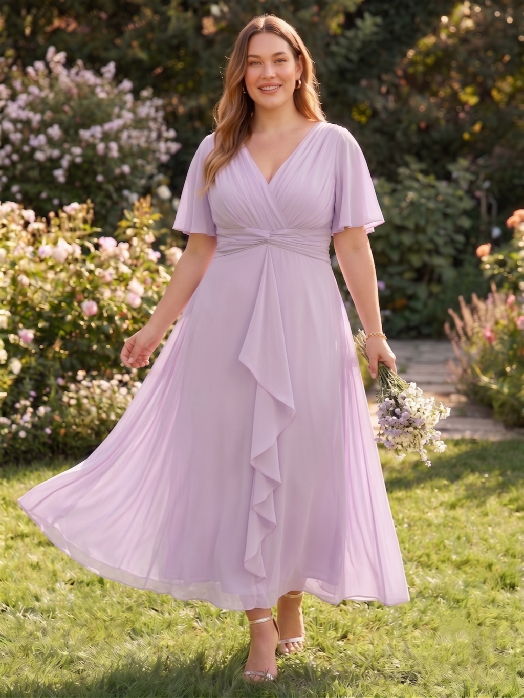 Larui Women's Plus-Size Chiffon Dress with V-Neck and Ruffled Hem