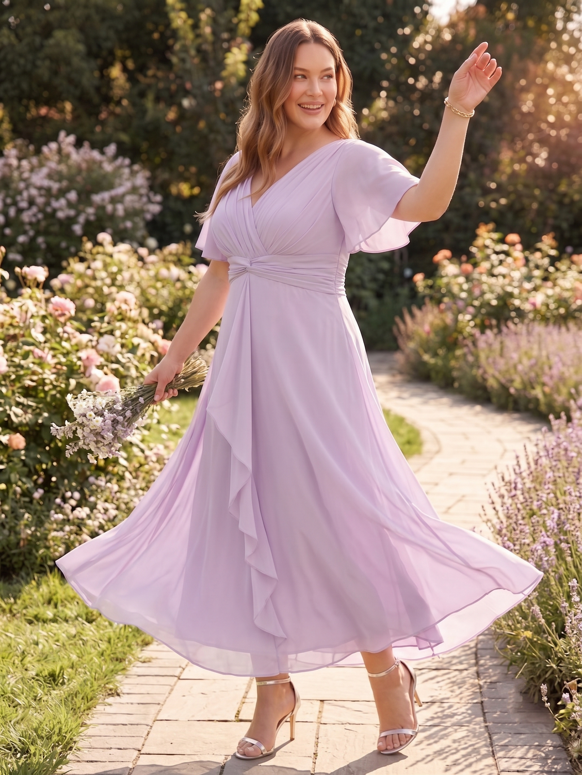 Larui Women's Plus-Size Chiffon Dress with V-Neck and Ruffled Hem