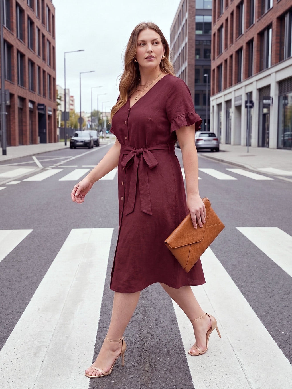 Larui Plus Size Women's Linen Short Sleeves Dress With Belted