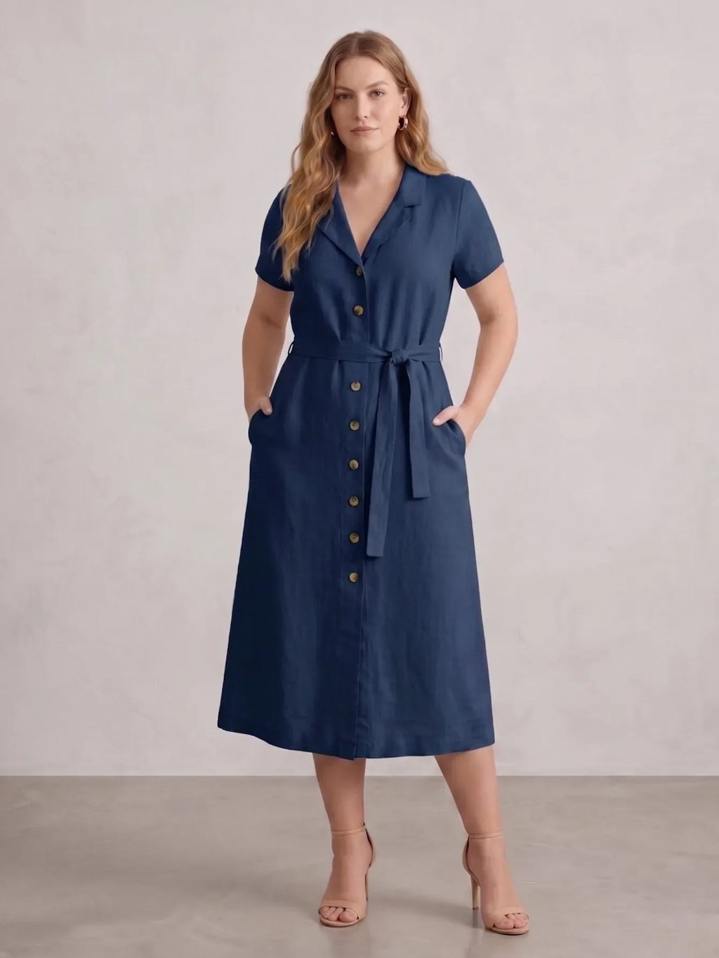 Larui Plus Size Women's Linen Dress With Belted