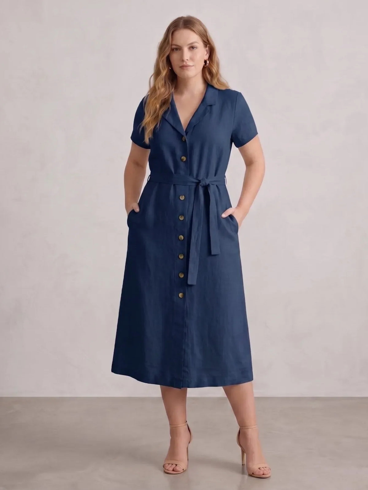 Larui Plus Size Women's Linen Dress With Belted