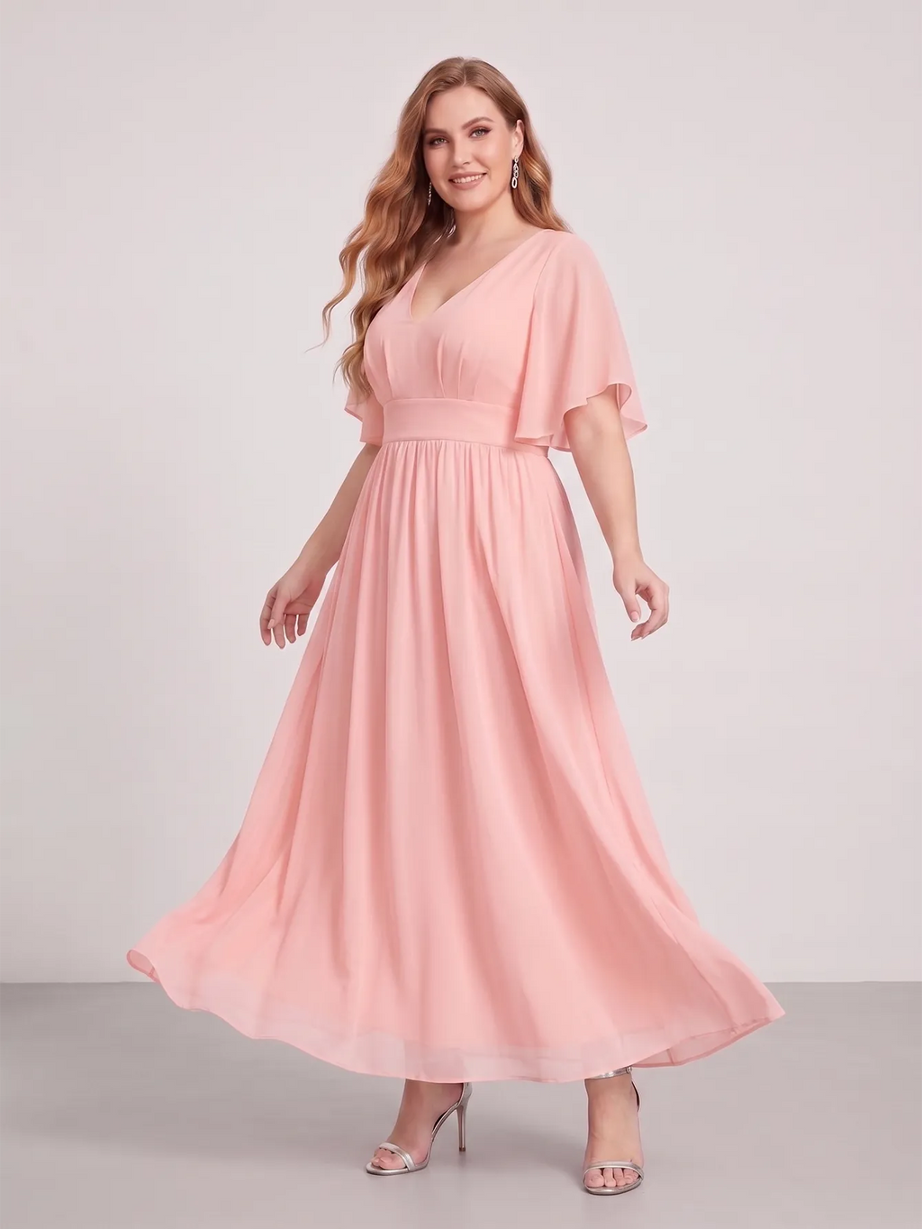 Larui Plus Size Women‘s V-Neck Chiffon Ruffles Sleeves Dress
