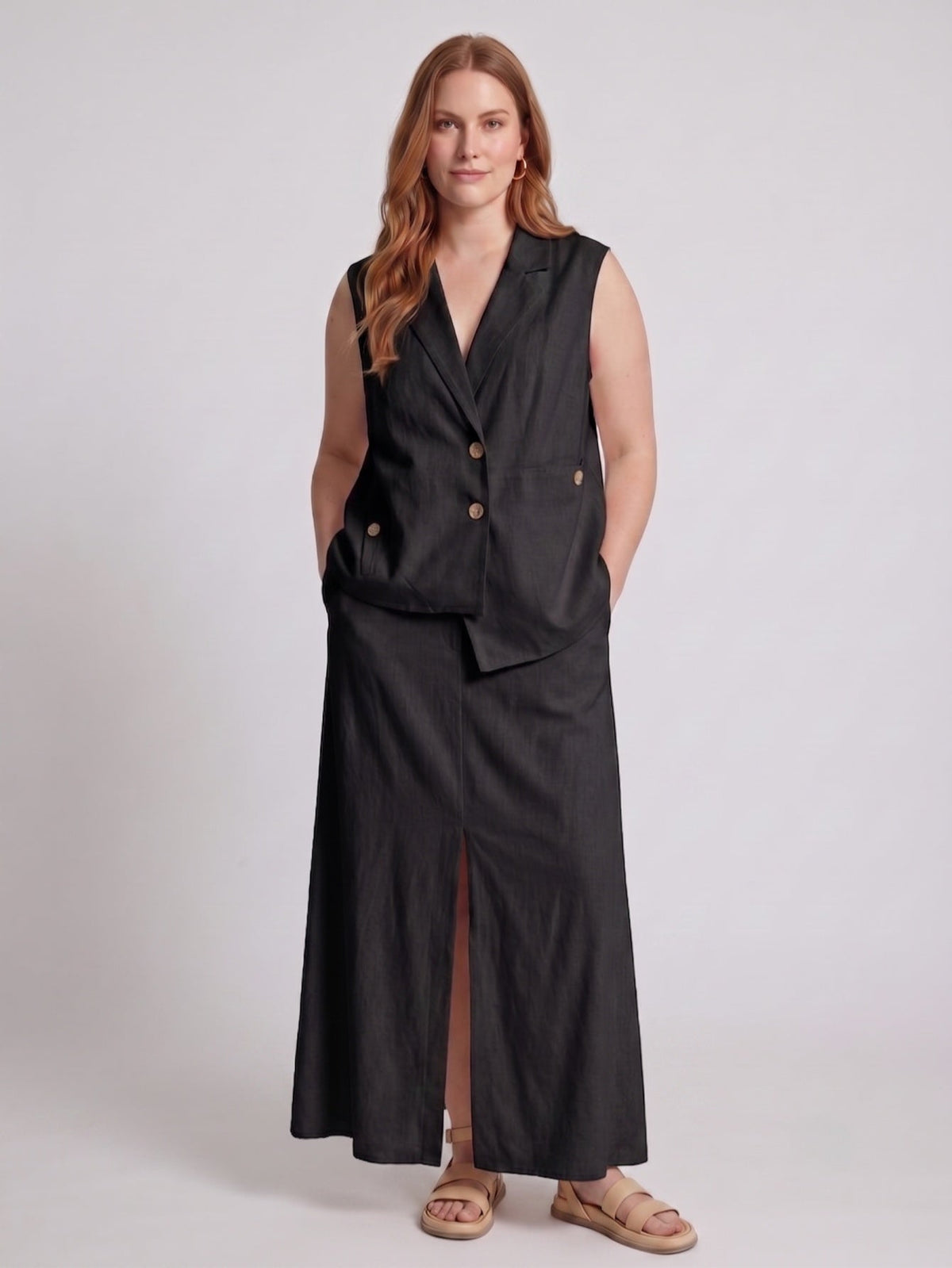 Larui Plus Size Women's LinenSkirt Set (With Asymmetric Hem Tank Top)