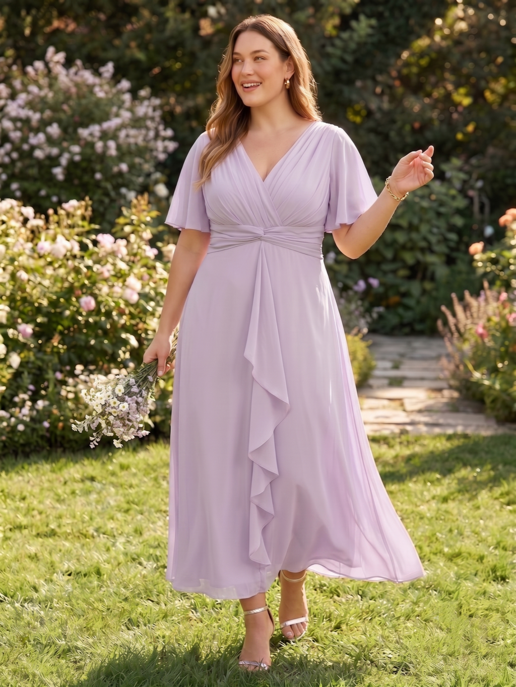 Larui Women's Plus-Size Chiffon Dress with V-Neck and Ruffled Hem