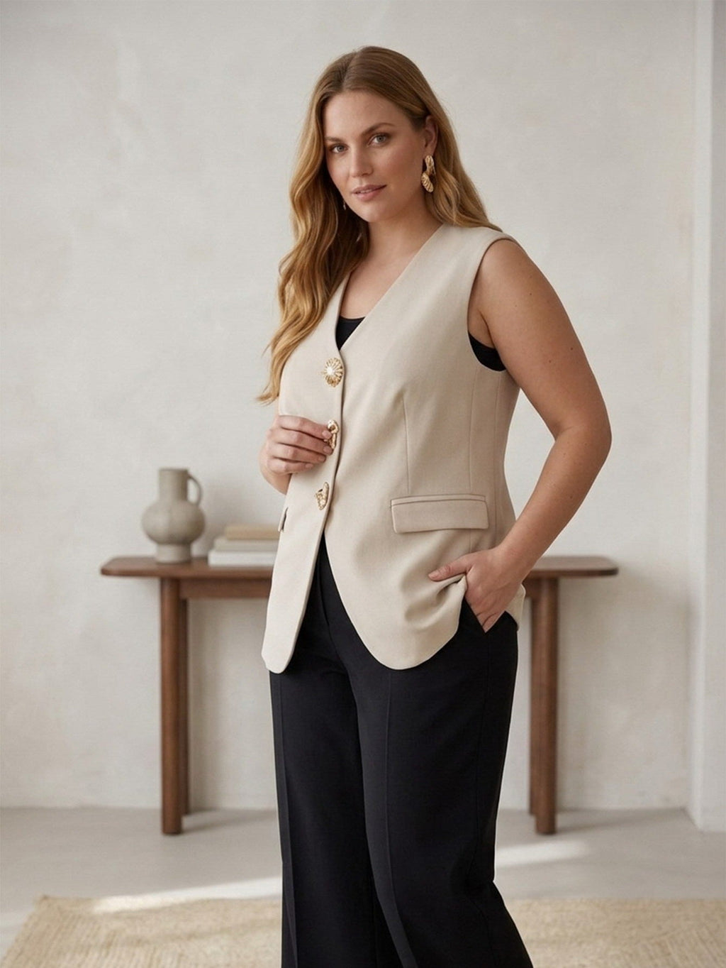 Larui Plus Size Women's Linen Pocket Sleeveless Vest Waistcoat Jacket