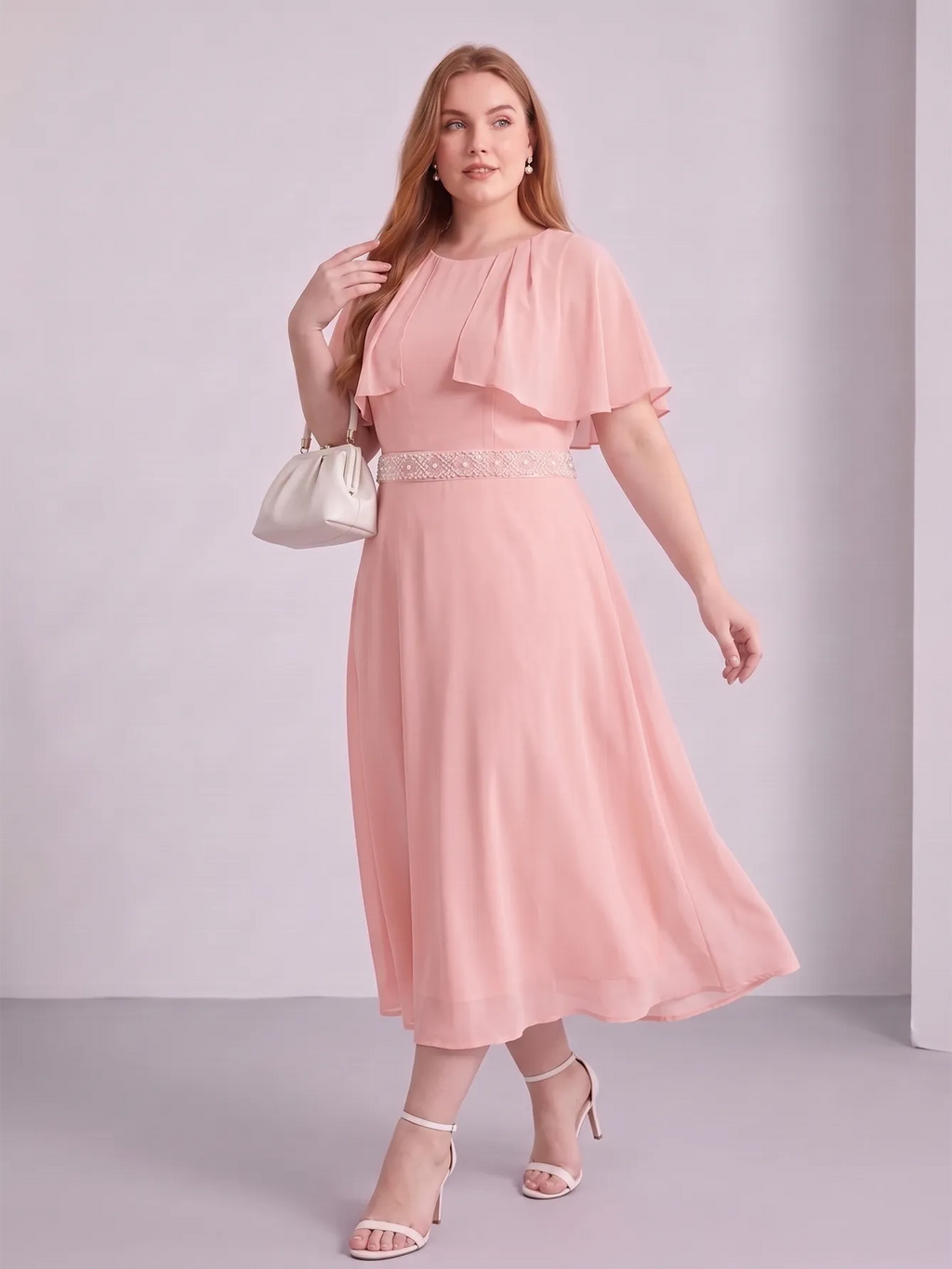 Larui Plus Size Women‘s Cape Sleeves Chiffon Midi Dress