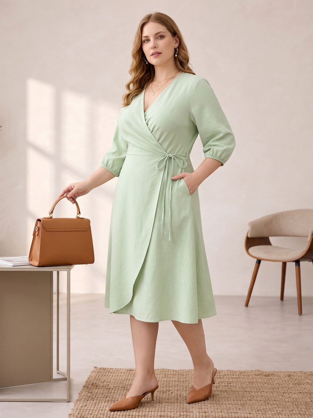 Larui Plus Size Women's Linen V-Neck Wrap Dress