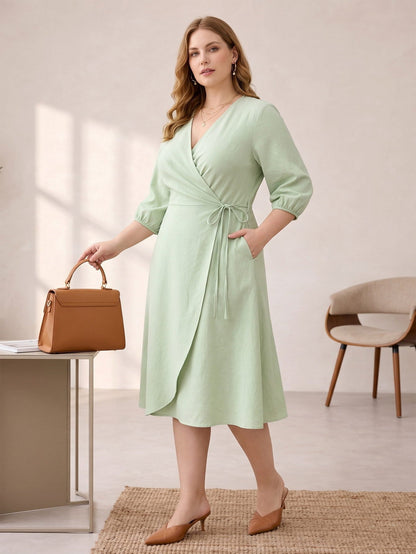 Larui Plus Size Women's Linen V-Neck Wrap Dress