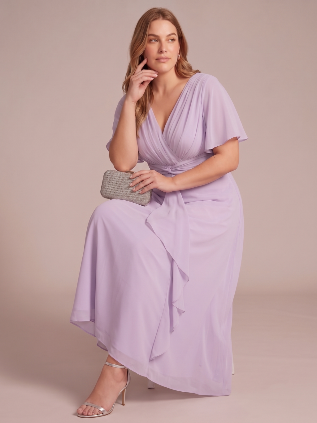 Larui Women's Plus-Size Chiffon Dress with V-Neck and Ruffled Hem