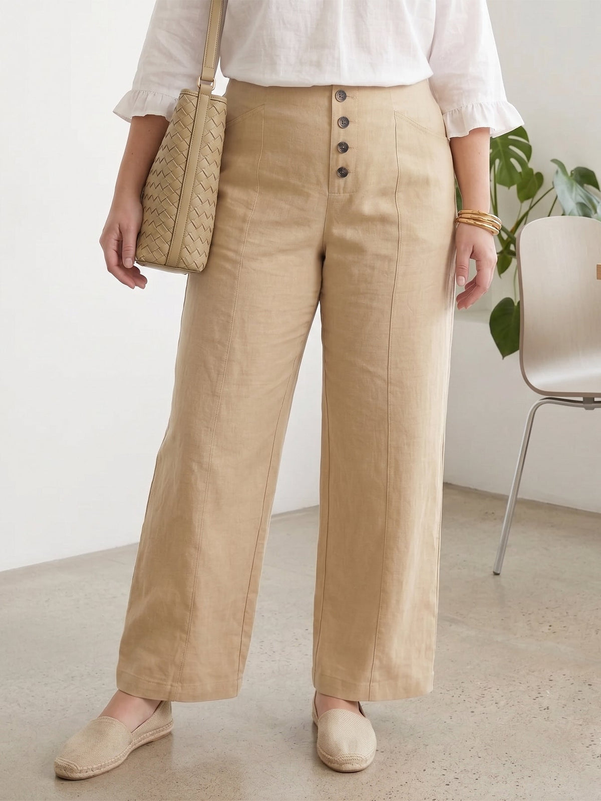 Larui Plus Size Women's ButtonDown Wide-Le-g Linen Pants