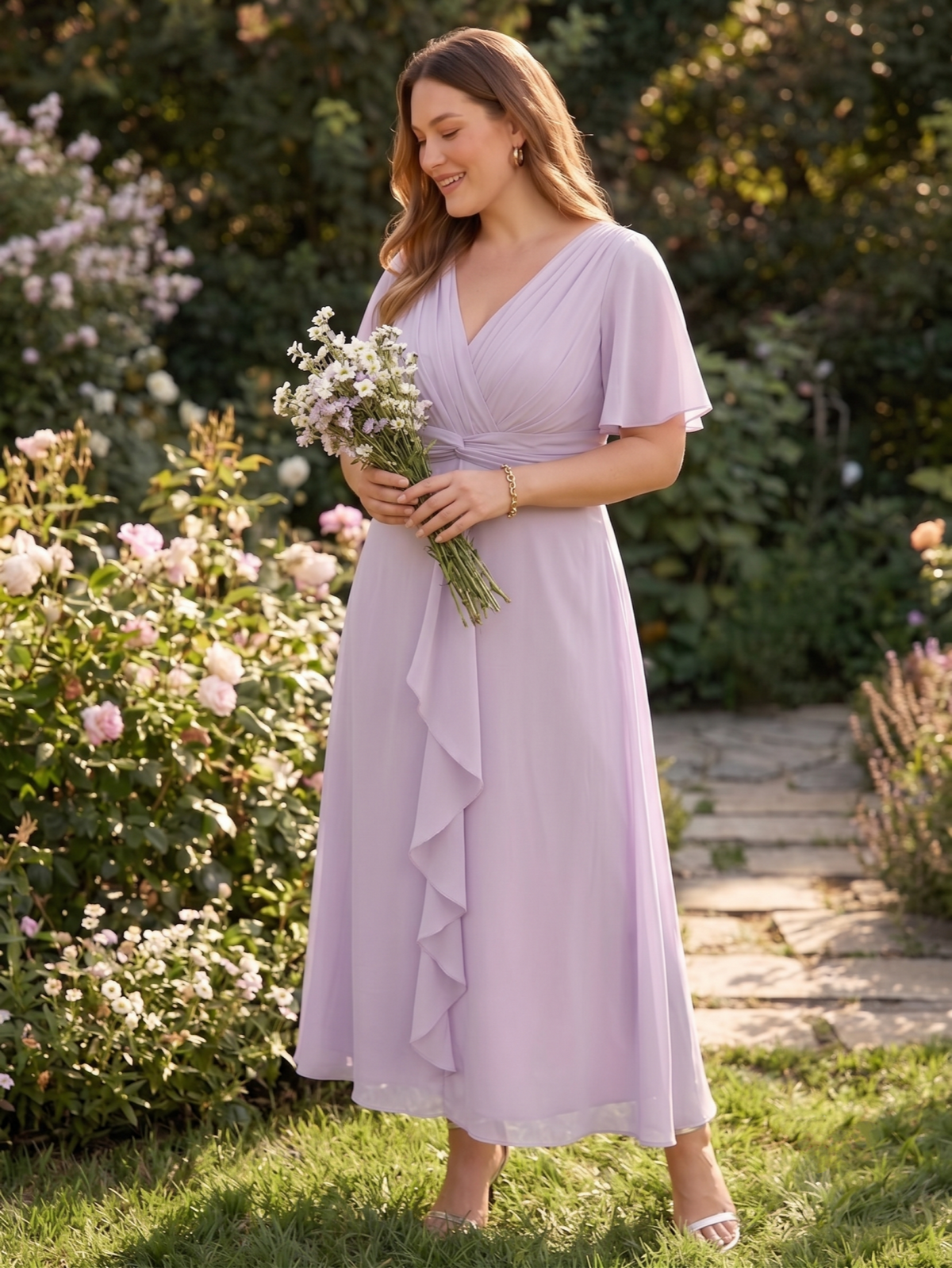 Larui Women's Plus-Size Chiffon Dress with V-Neck and Ruffled Hem