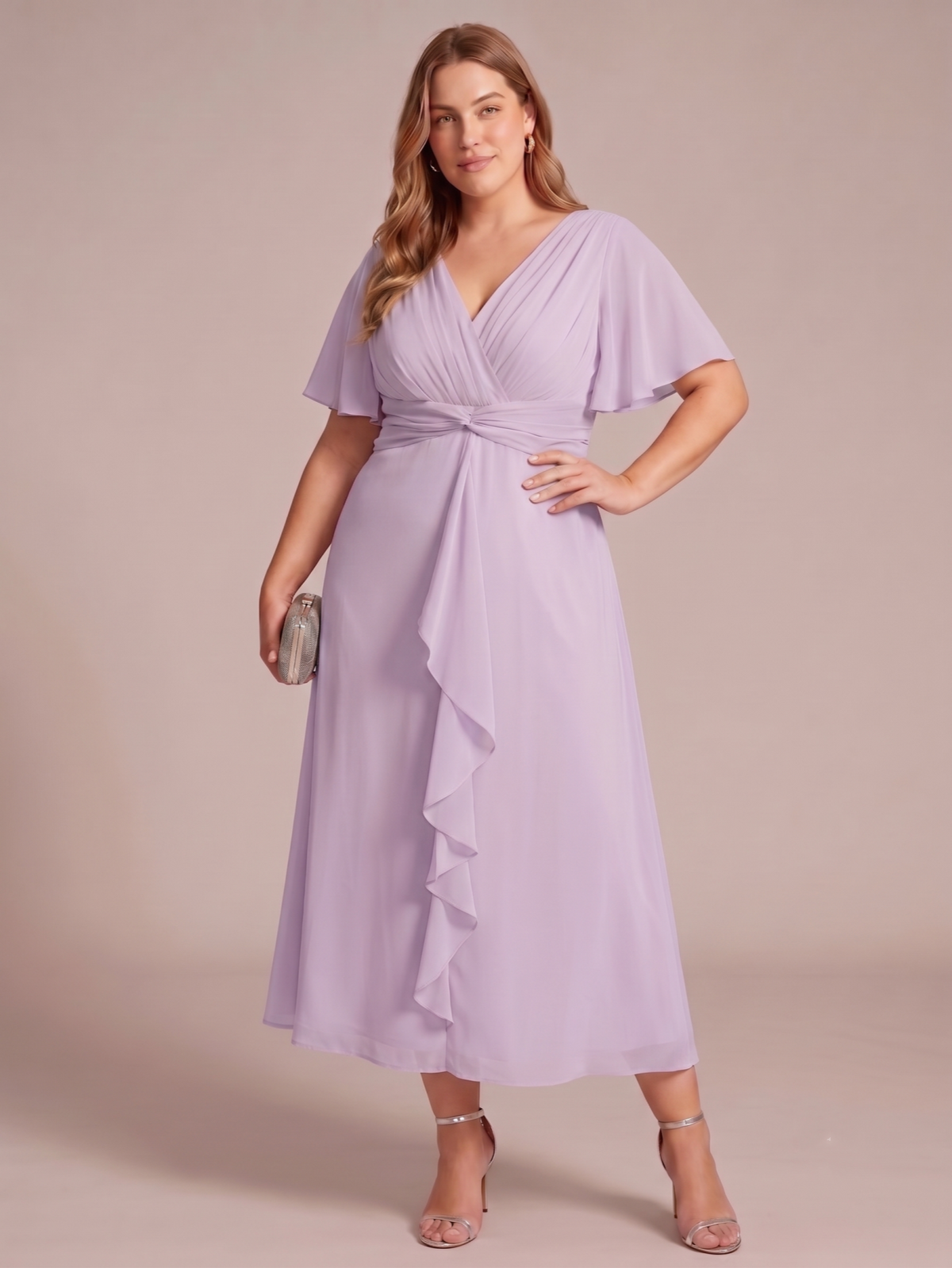 Larui Women's Plus-Size Chiffon Dress with V-Neck and Ruffled Hem