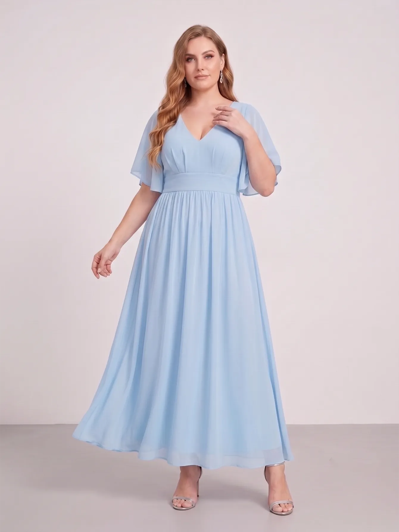 Larui Plus Size Women‘s V-Neck Chiffon Ruffles Sleeves Dress