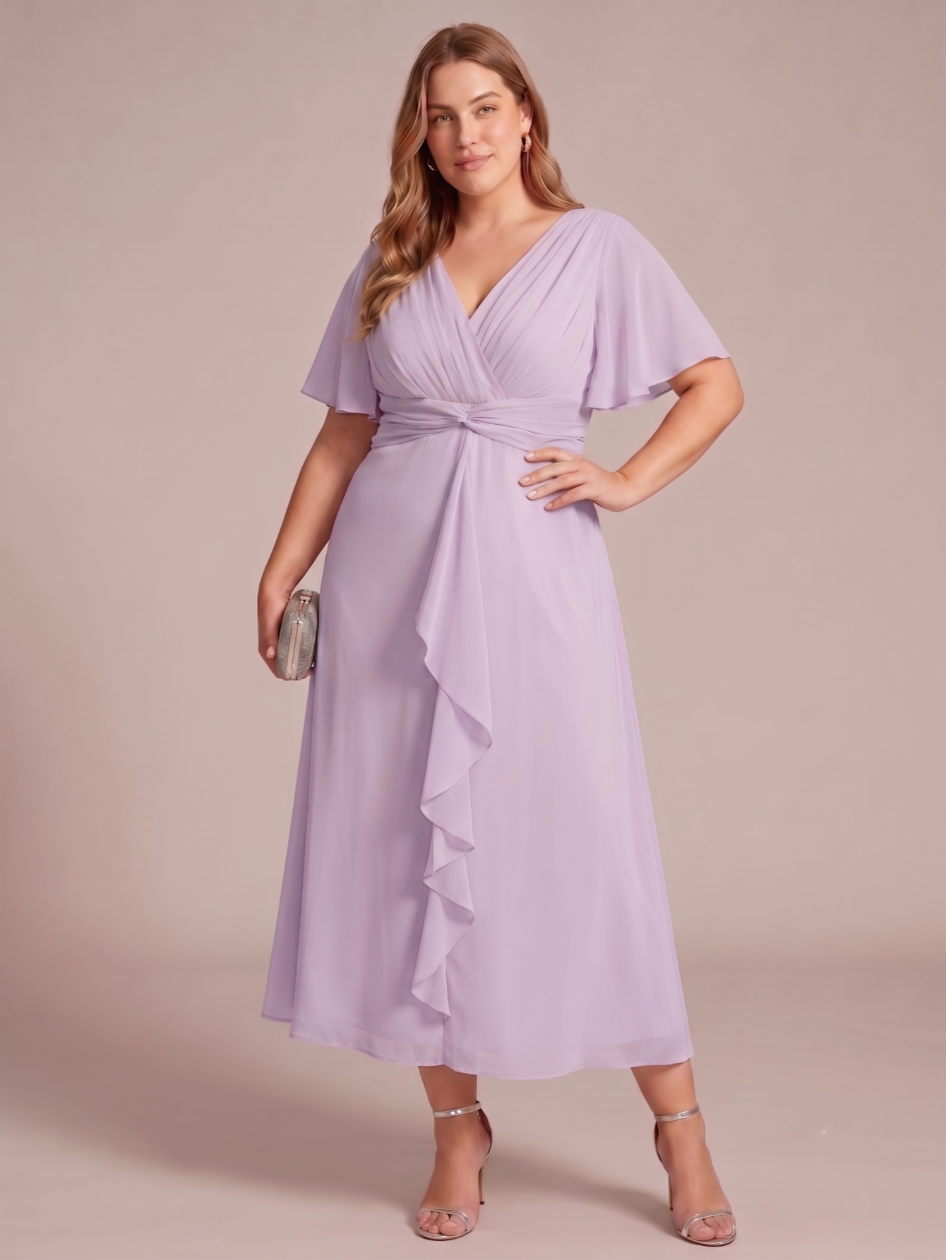 Larui Women's Plus-Size Chiffon Dress with V-Neck and Ruffled Hem